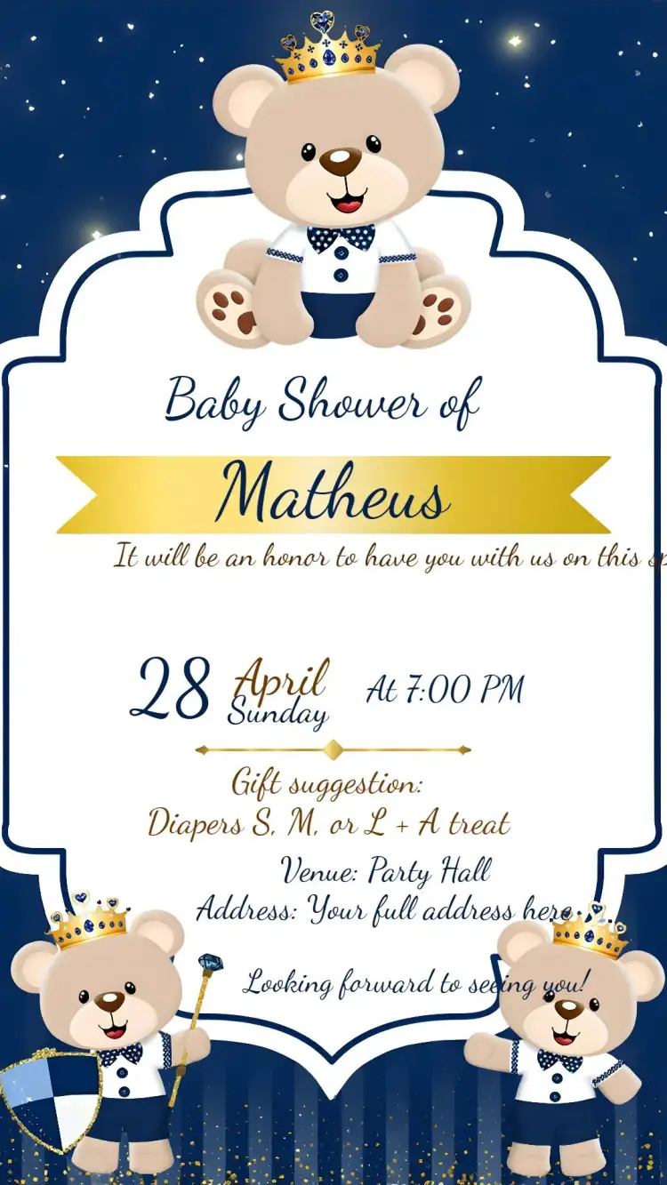 Invitation For Little Prince Blue Teddy Bear Baby Shower – Diaper Shower theme blue, white, gold, royalty, teddy bear, children's