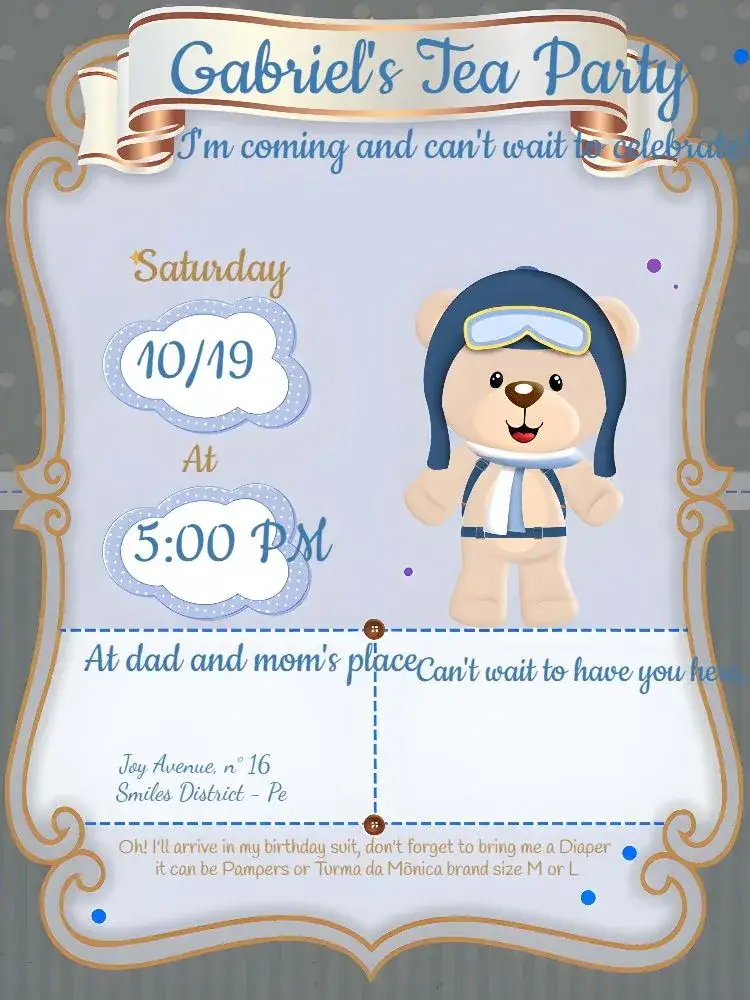 Invitation White Aviator Bear Baby Shower – Diaper Shower theme bear, aviator, blue, white, brown, playful