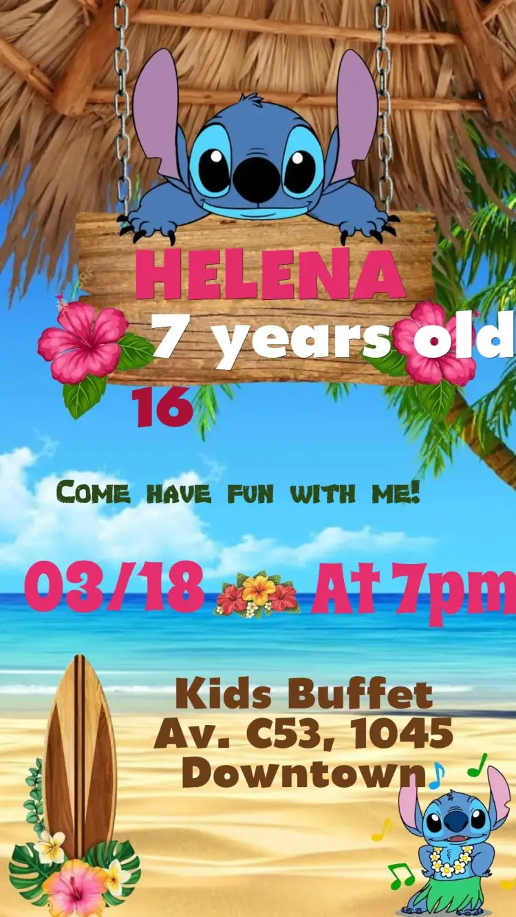 Invitation Lilo and Stitch – Kids' Birthday Party theme colorful, fun, tropical, cartoon, vibrant, childish