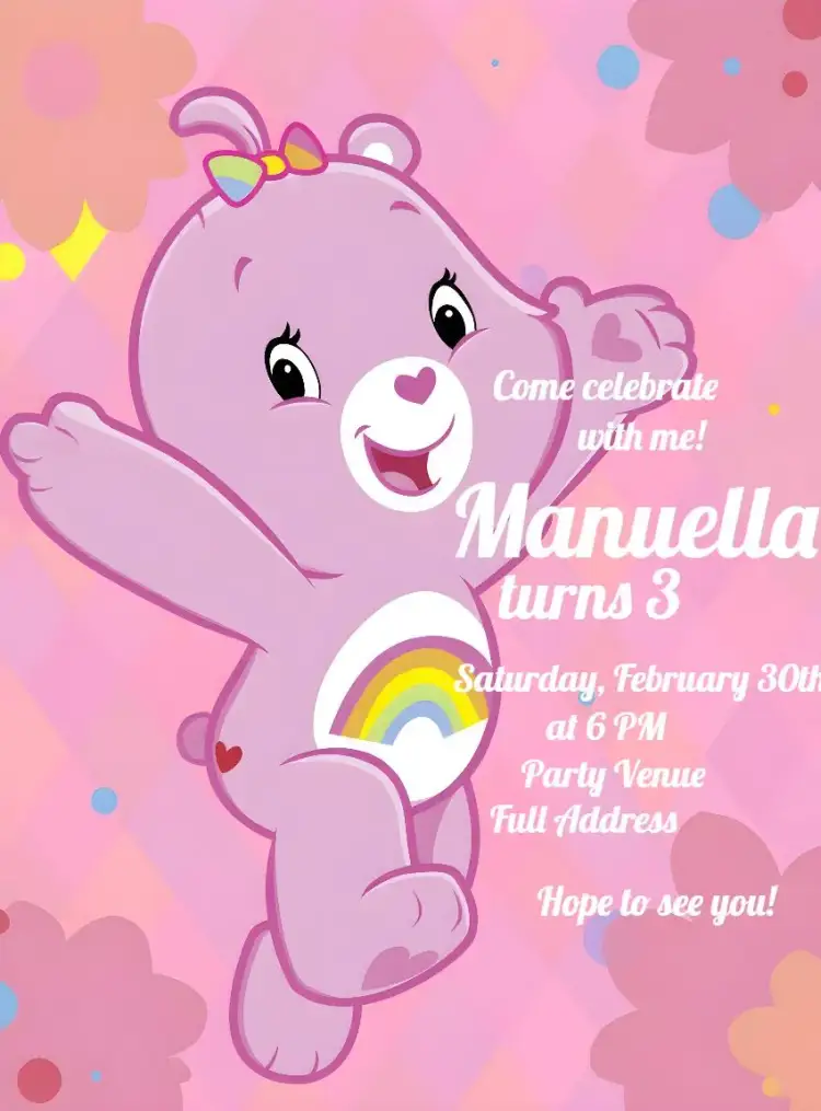 Invitation Care Bears – Kids' Birthday Party theme colorful, childish, cute, fun, animal illustrations, cartoon style