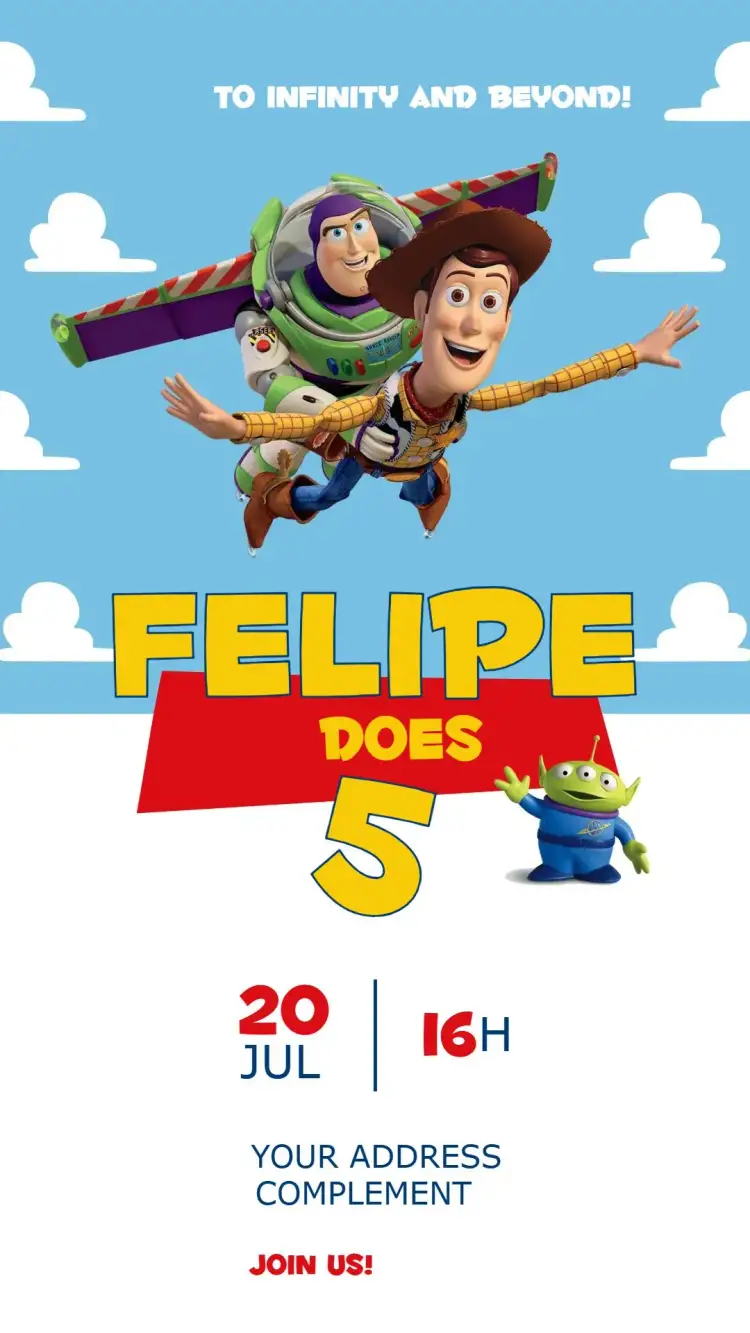 Invitation Toy Story – Kids' Birthday Party theme colorful, fun, themed, childlike, character illustrations, animated style