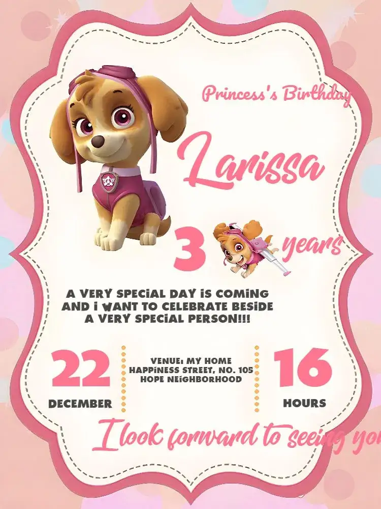 Invitation Paw Patrol Frame – Kids' Birthday Party theme pink, white, gray, striped, fun, childish