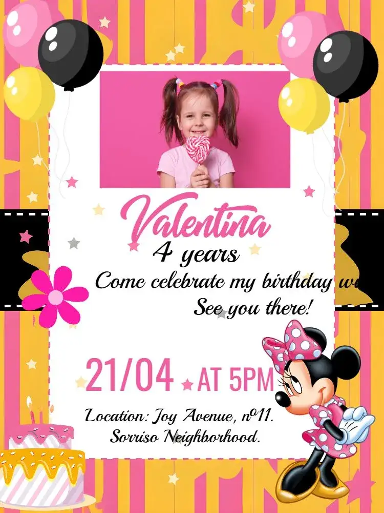 Invitation Minnie Mouse With Minie Photo – Most searched for theme pink, yellow, black, stripes, fun, playful