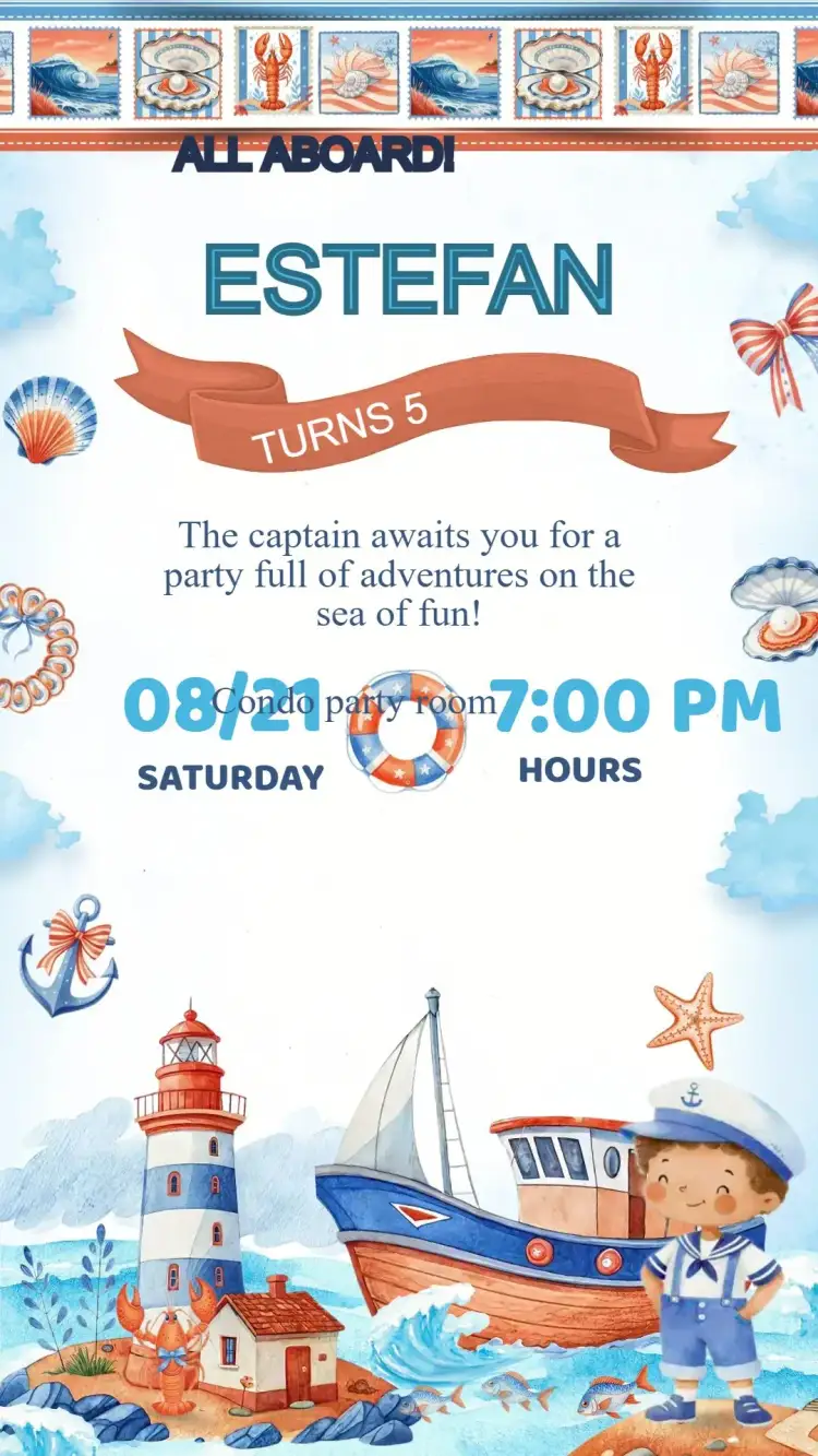 Invitation Sailor Birthday Invitation – Kids' Birthday Party theme naval, blue and white, fun, colorful, adventure, childlike
