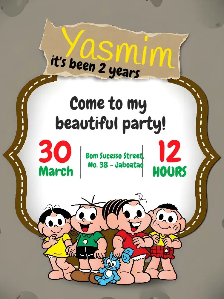 Invitation Turma Da Mônica – Kids' Birthday Party theme colorful, fun, childish, themed, illustrations, playful