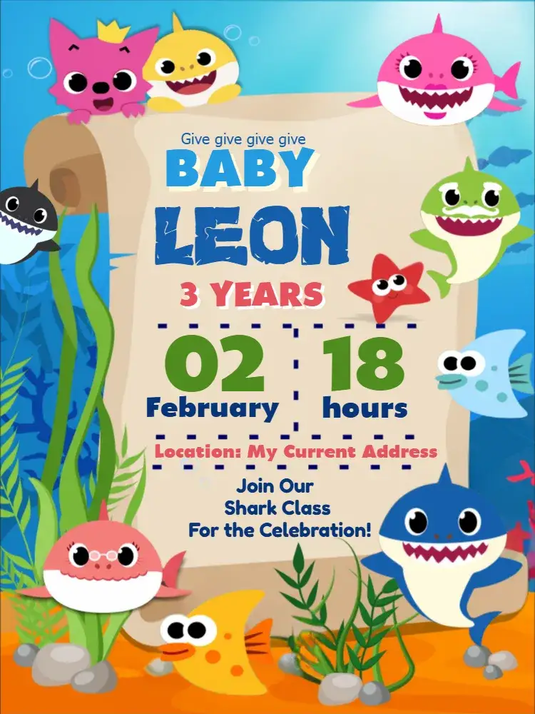 Invitation Baby Shark Sea Theme – Kids' Birthday Party theme navy blue, colorful, aquatic theme, fun, childlike, cheerful illustration
