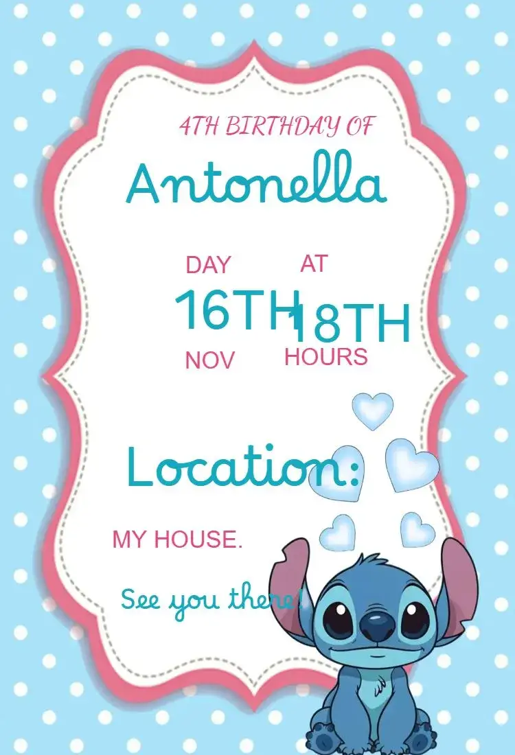 Invitation for girl's Stitch themed children's birthday party