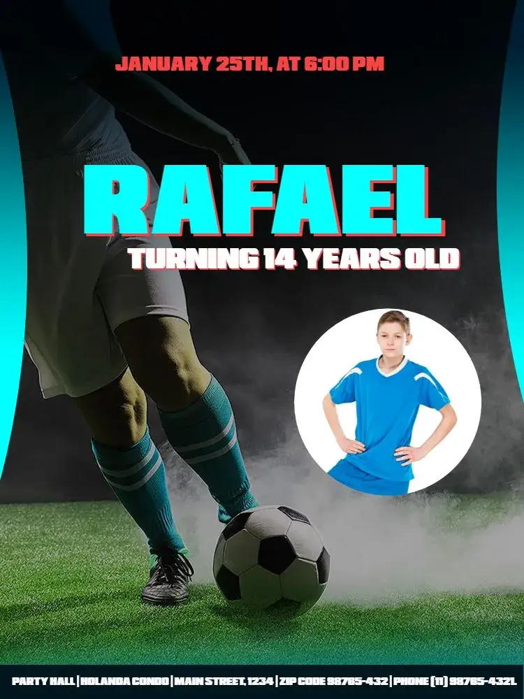 Invitation Dark Soccer – Kids' Birthday Party theme sporty, modern, blue, dynamic, players, soccer