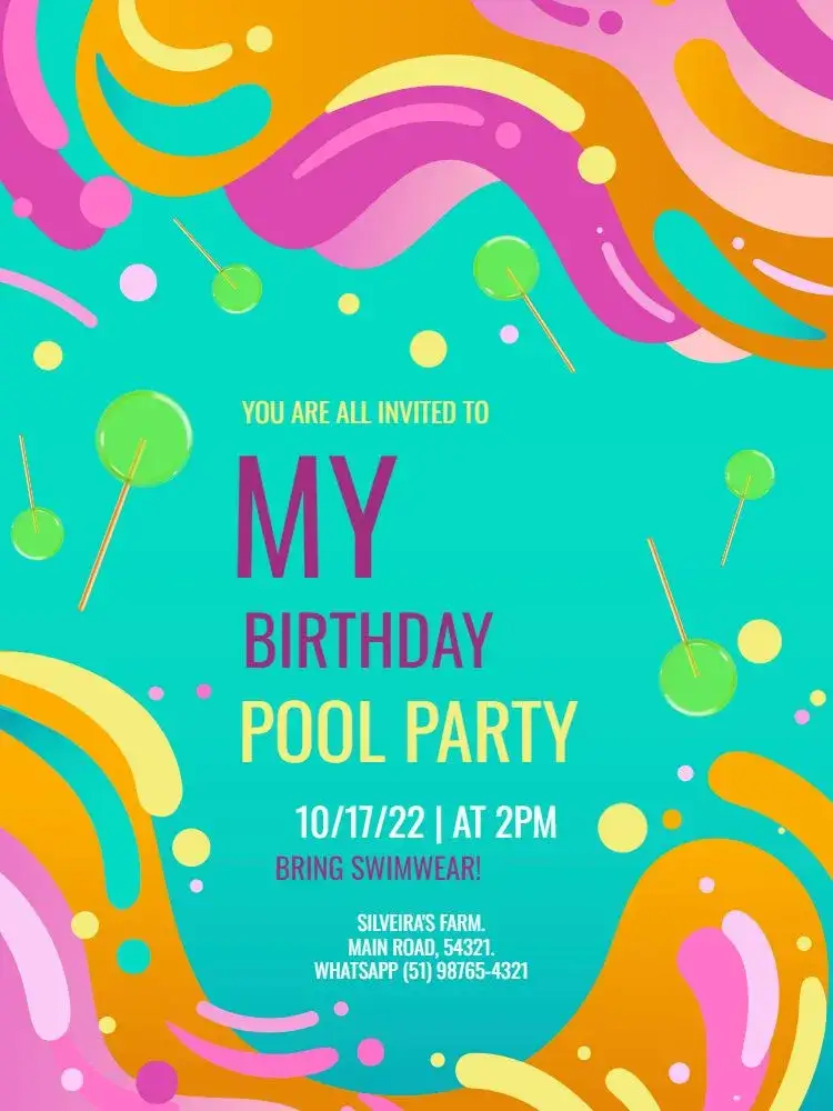 Invitation Lollipop Birthday Pool Waves – Kids' Birthday Party theme colorful, fun-filled, beachy, festive, child-friendly
