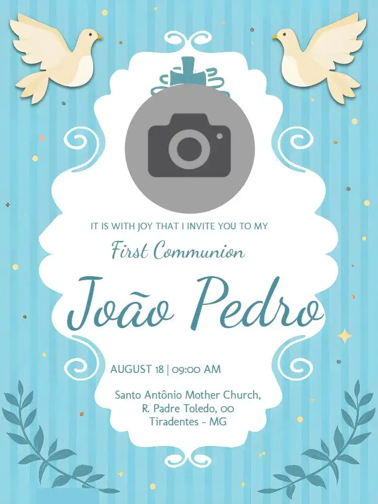 Invitation First Communion With Angel Photo – First Communion theme blue, angels, religious, children's, delicate, minimalist