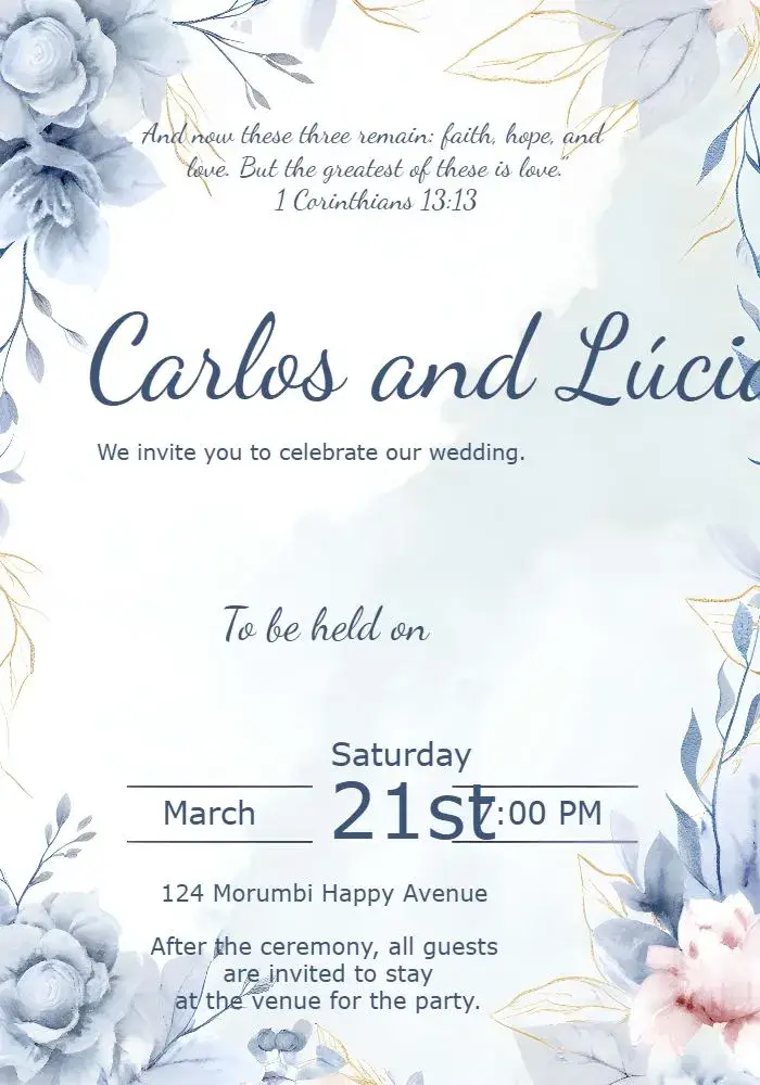 Invite Blue Floral Wedding editable and customizable