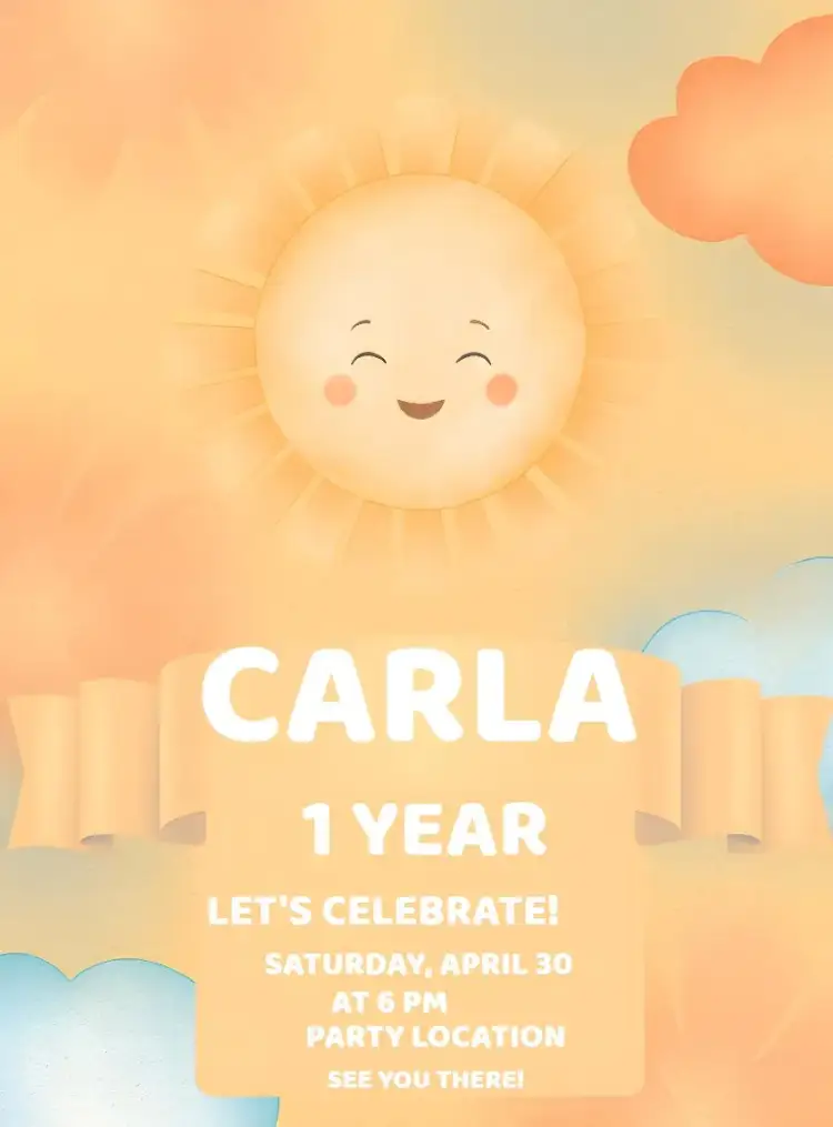 Invitation First Turn Around the Sun Ray – First Communion theme aquarela, childish, colorful, playful, modern, fun
