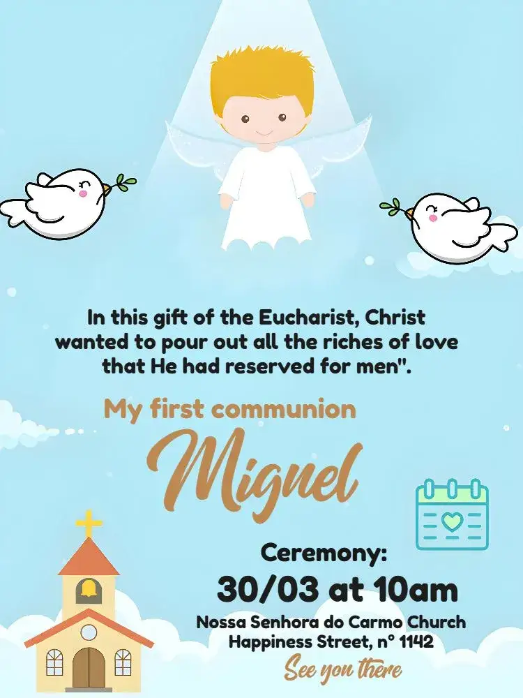 Invitation First Blue Communion – First Communion theme blue, little angels, doves, Catholic, children's, delicate