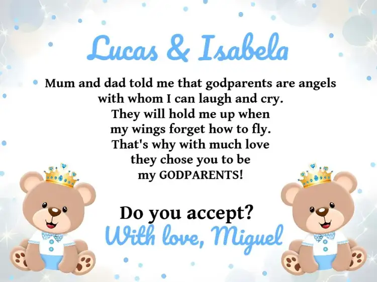 Invitation Godparents Of Prince Teddy Bear Baptism Church – Baptism theme blue, white, teddy bear, children's, religious, prince
