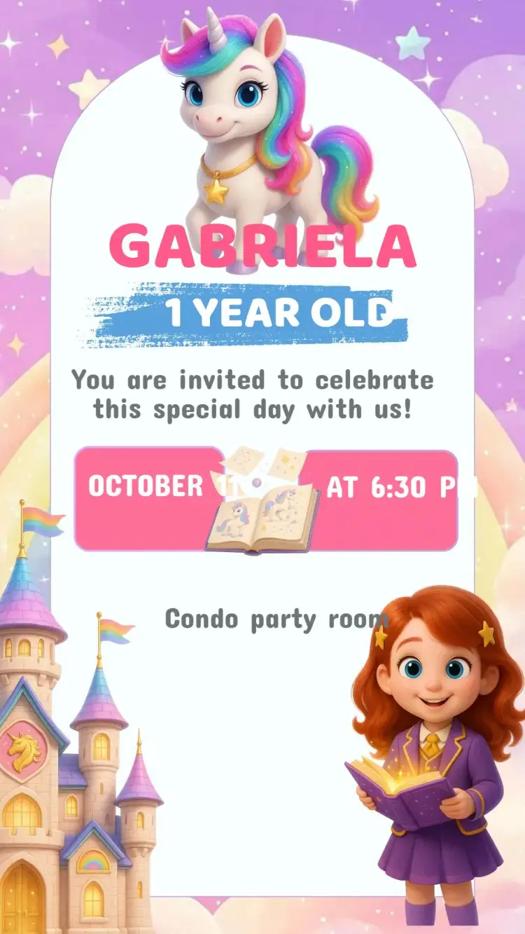 Invitation Unicorn Academy Birthday Invitation – Kids' Birthday Party theme pastel colors, playful style, fantasy elements, sparkle and glitter, cute illustrations