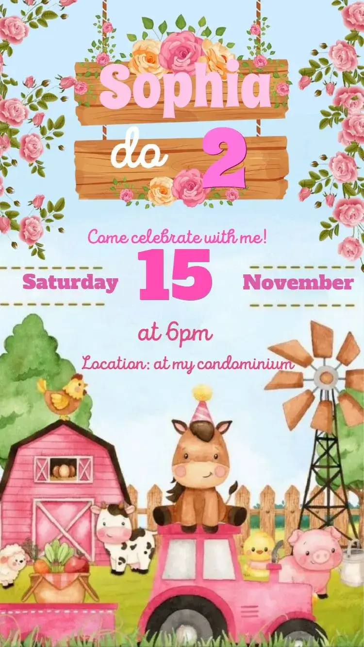 Invitation Pink Farm – Kids' Birthday Party theme pink, lilac, watercolor, feminine, cute, rural