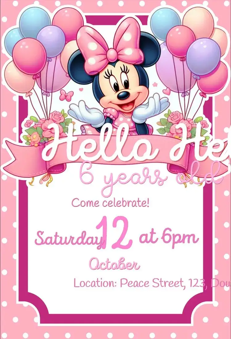 Invitation Pink Minnie – Kids' Birthday Party theme pink, Disney, fun, childlike, playful, colorful