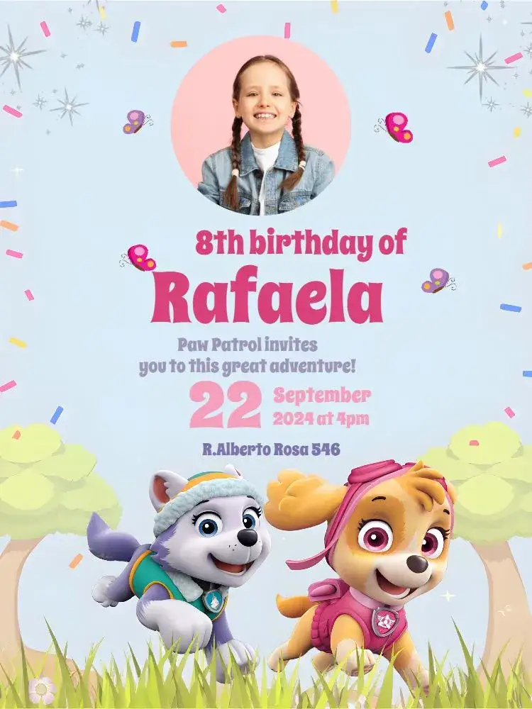 Invitation Pink Iris Paw Patrol – Kids' Birthday Party theme pink, rainbow, fun, playful, childlike, colorful