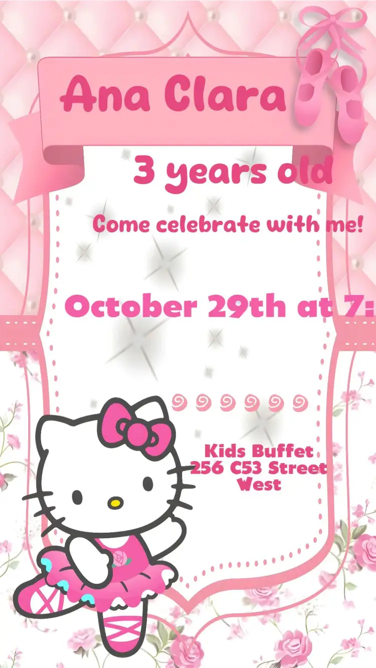 Invitation Hello Kitty – Kids' Birthday Party theme pastel colors, fun, childlike illustrations, kawaii style, sparkle and glitter, ballerina