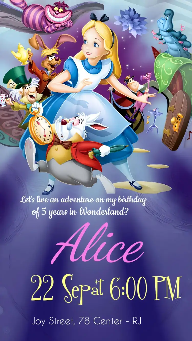 Invitation Alice In The Lilac Wonderland – Commemorative Dates theme purple, costume, children's, playful illustrations, magical, colorful