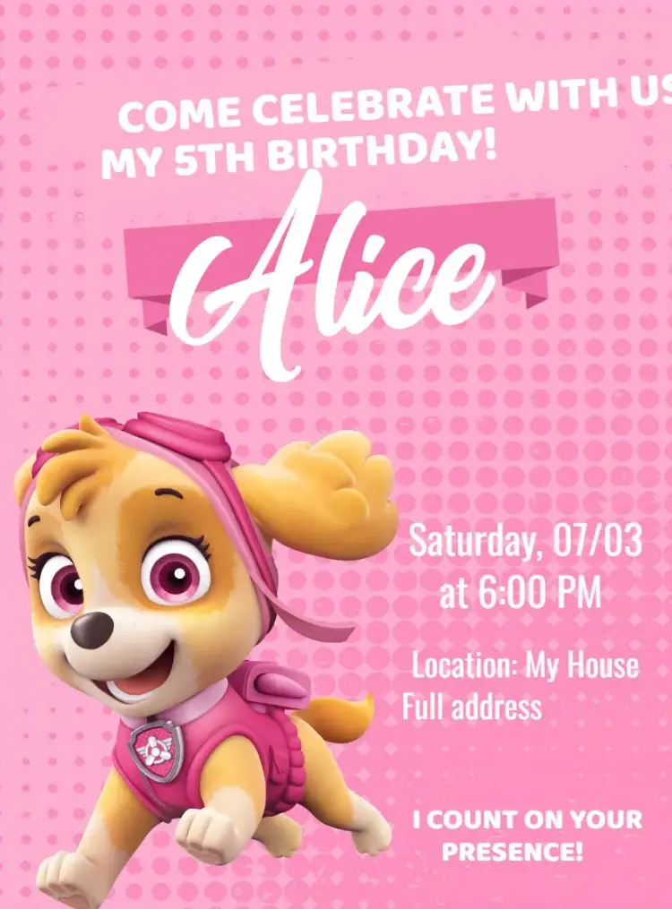 Invitation Paw Patrol Skye Party – Kids' Birthday Party theme pink, white, green, fun, childlike, themed
