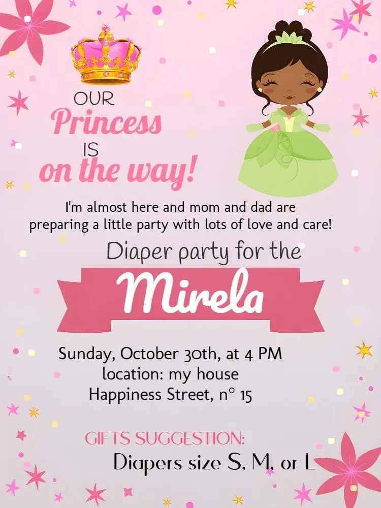 Princess Tiana Black Diaper Shower invitation