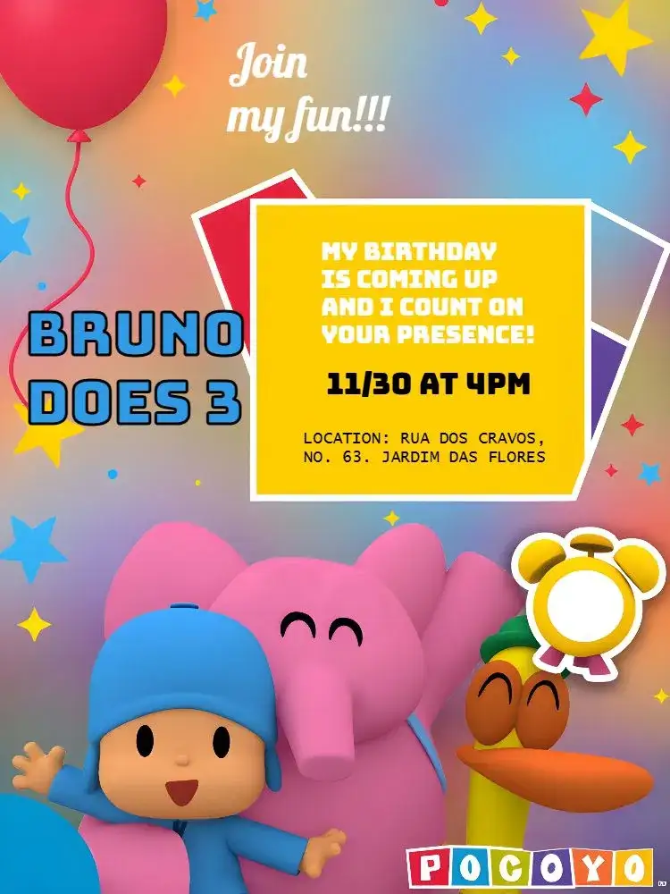 Invitation Yellow Pocoyo – Birthday theme colorful, childlike, fun, themed, playful, lively