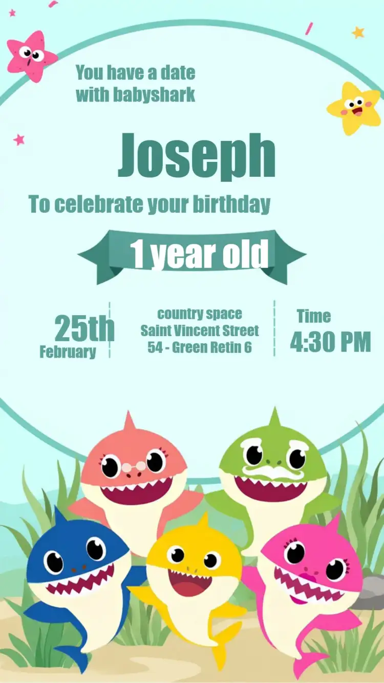 Invitation Baby Shark Sea – Kids' Birthday Party theme colorful, navy, fun, themed, childlike, vibrant