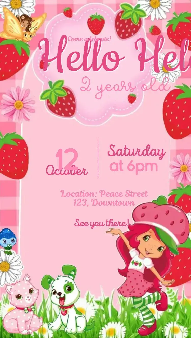 Invitation Strawberry – Kids' Birthday Party theme pink, fruits, animals, fun, childish, colorful