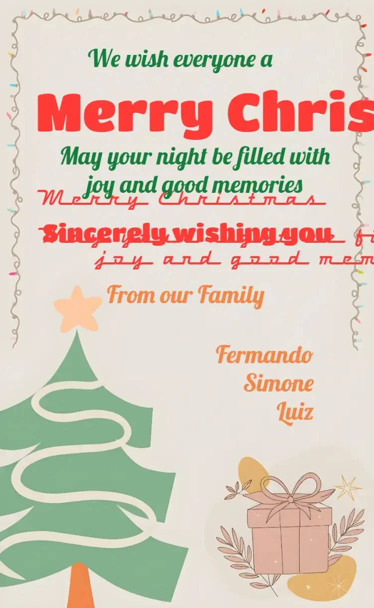Invitation Happy Family Christmas Card – Commemorative Dates theme Christmas-themed, red and green, illustrations of Christmas trees, vintage style, snow graphic elements, minimalist modernity