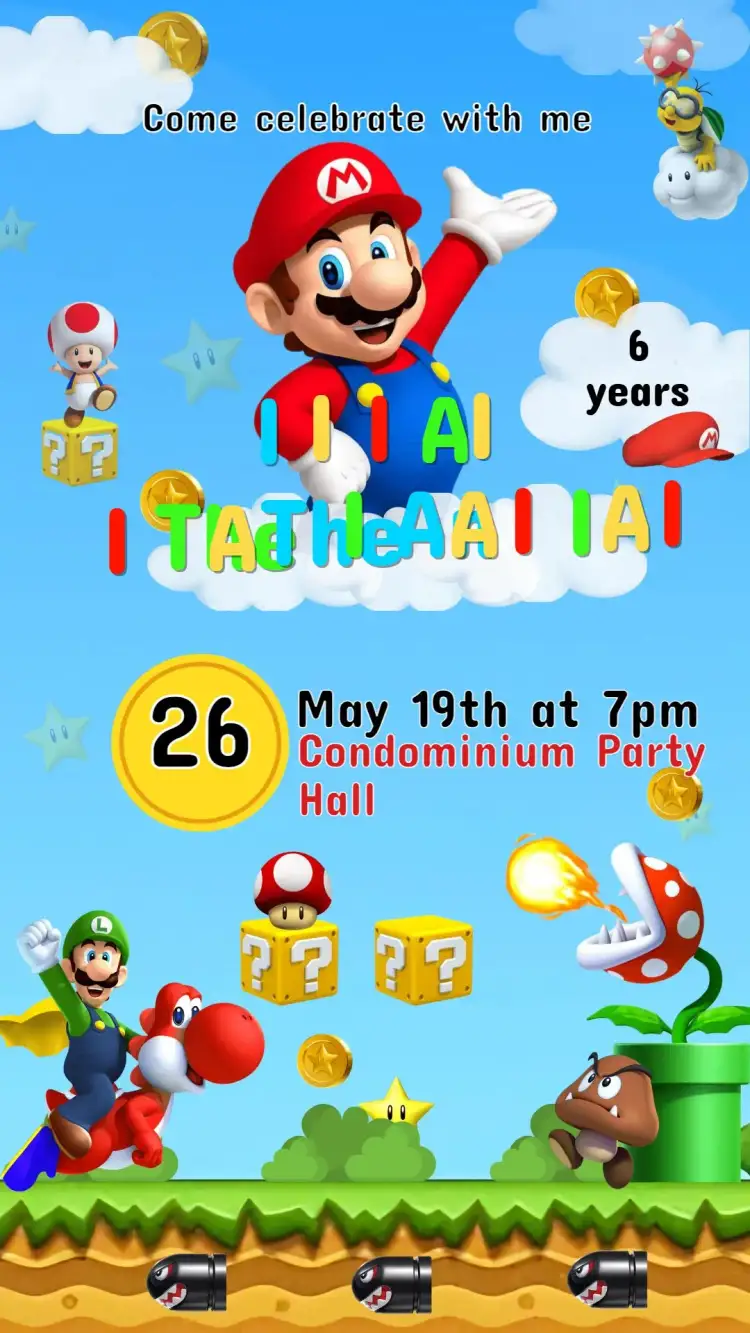 Invitation Super Mario Kids Birthday Invitation – Kids' Birthday Party theme colorful, playful, games, adventure, vintage, fun