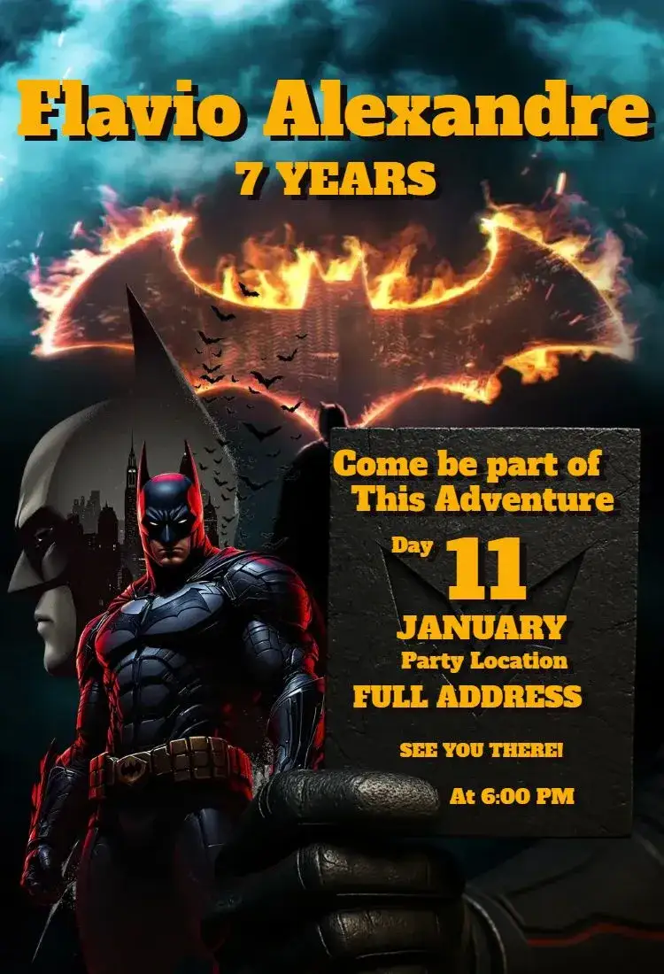 Invitation Batman The Bat Man – Birthday theme dark colors, urban style, comic book graphic elements, superhero theme, modern design, night background