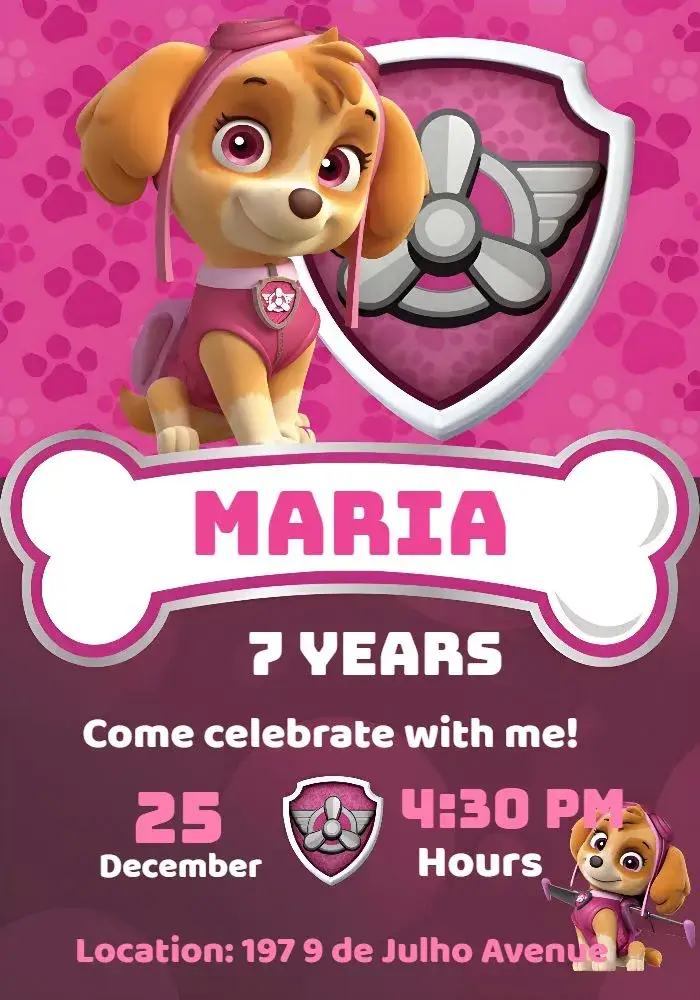 Paw Patrol Skye Dog invitation