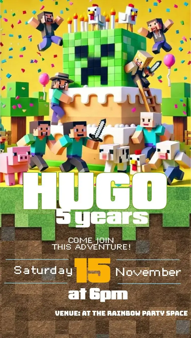 Invitation Minecraft – Kids' Birthday Party theme colorful, themed, playful, modern, fun