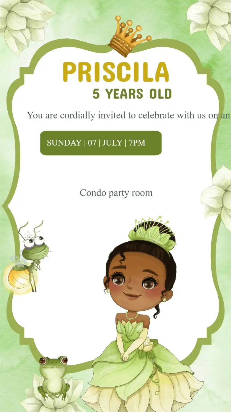 Invitation Princess Tiana Birthday Invitation with the Frog – Kids' Birthday Party theme colorful, fantasy-themed, fairy tale, childlike illustrations, vibrant, fun