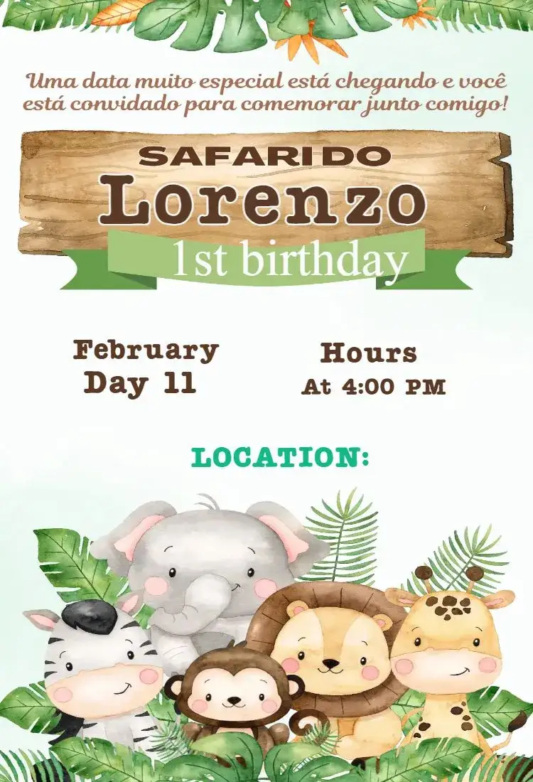 Invitation safari – Card theme vibrant colors, tropical style, jungle elements, animal illustrations, fun design
