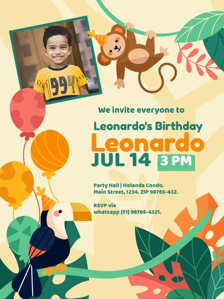Invitation Tropical Boy's Party – Kids' Birthday Party theme tropical, colorful, fun, playful, animal, modern