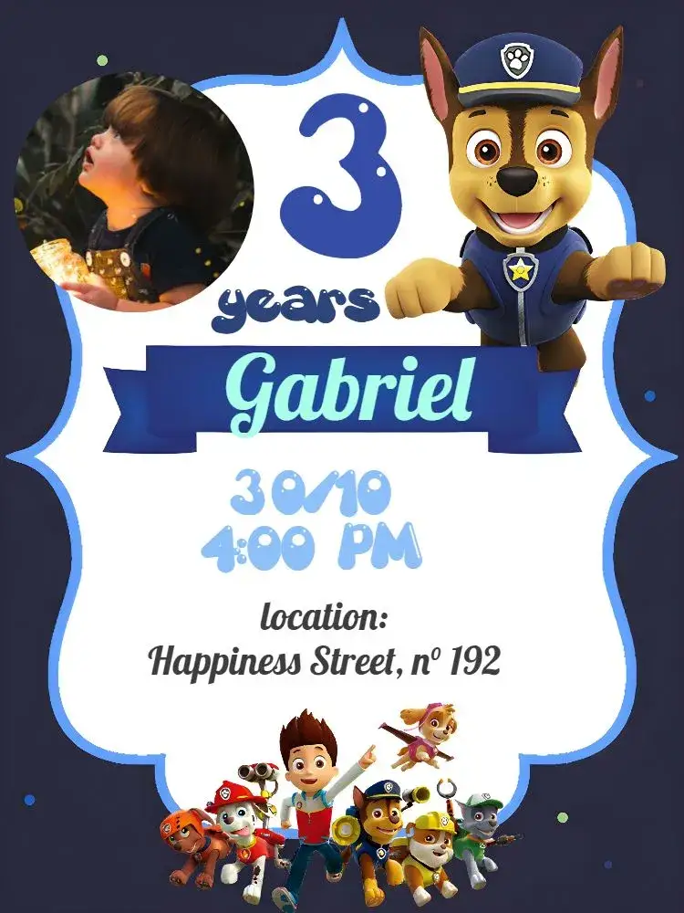 Invitation Paw Patrol With Photo Banner – Kids' Birthday Party theme blue, white, lilac, fun, themed