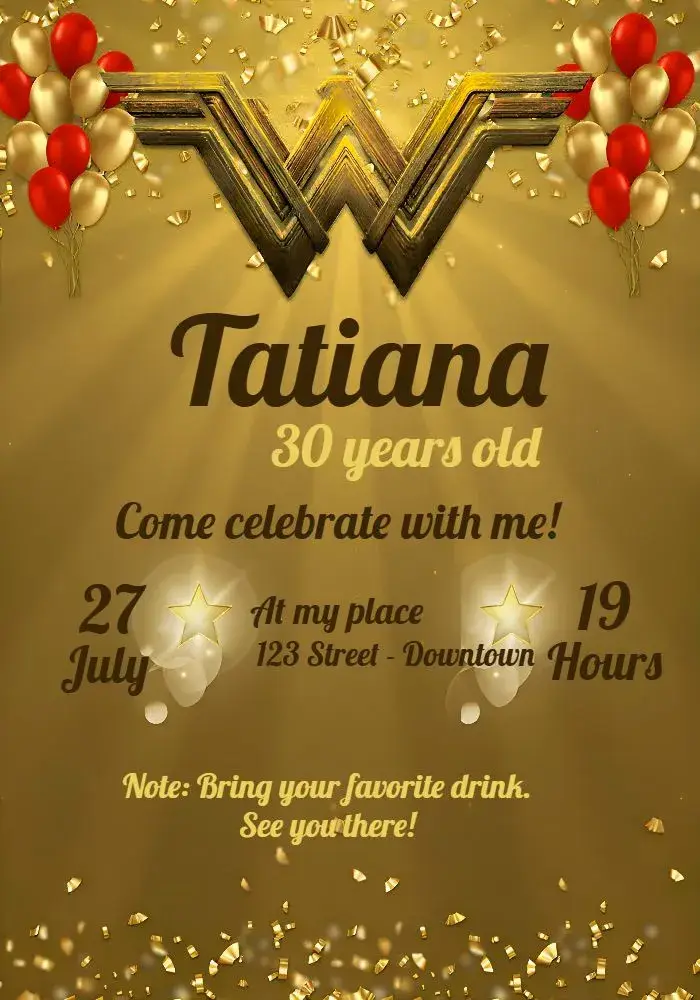 Invite Wonder Woman Balloons editable and customizable