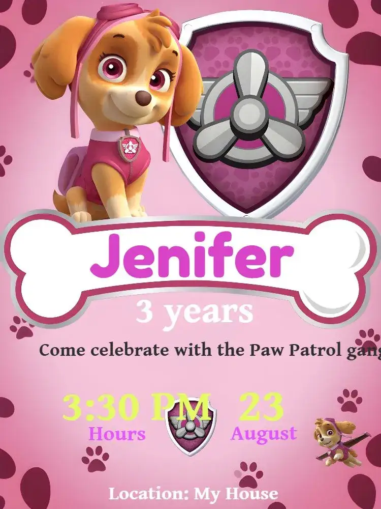 Invitation Skye Paw Patrol Background – Kids' Birthday Party theme pink, modern, fun, themed, childlike