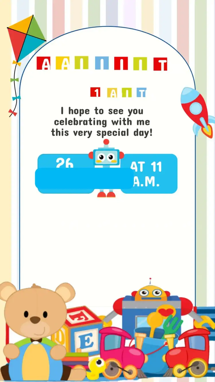 Invitation Birthday Toys Invitation – Kids' Birthday Party theme colorful, playful, fun, toy illustrations, childlike style, lively