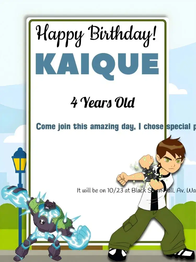Invitation Blue Ben 10 – Kids' Birthday Party theme vibrant blue, fun green, cartoon style, colorful monsters, themed party, children's