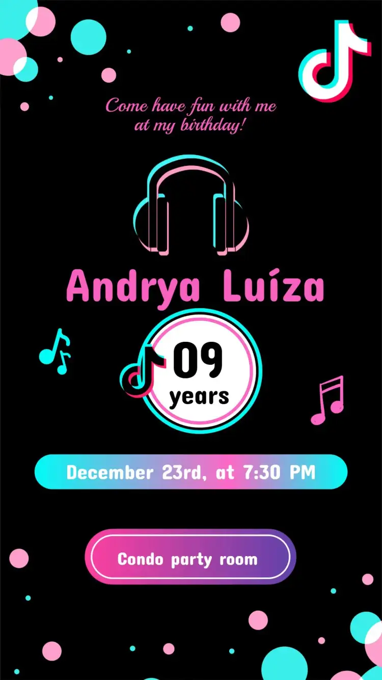 Invitation TikTok Invitation – Kids' Birthday Party theme colorful, modern, youthful, fun, TikTok-inspired