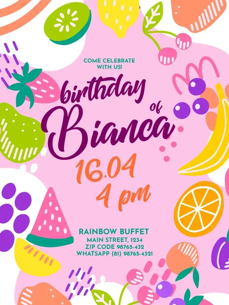 Invitation Light Pink Fruit Children's – Kids' Birthday Party theme colorful, fruity, modern, playful, whimsical, cheerful