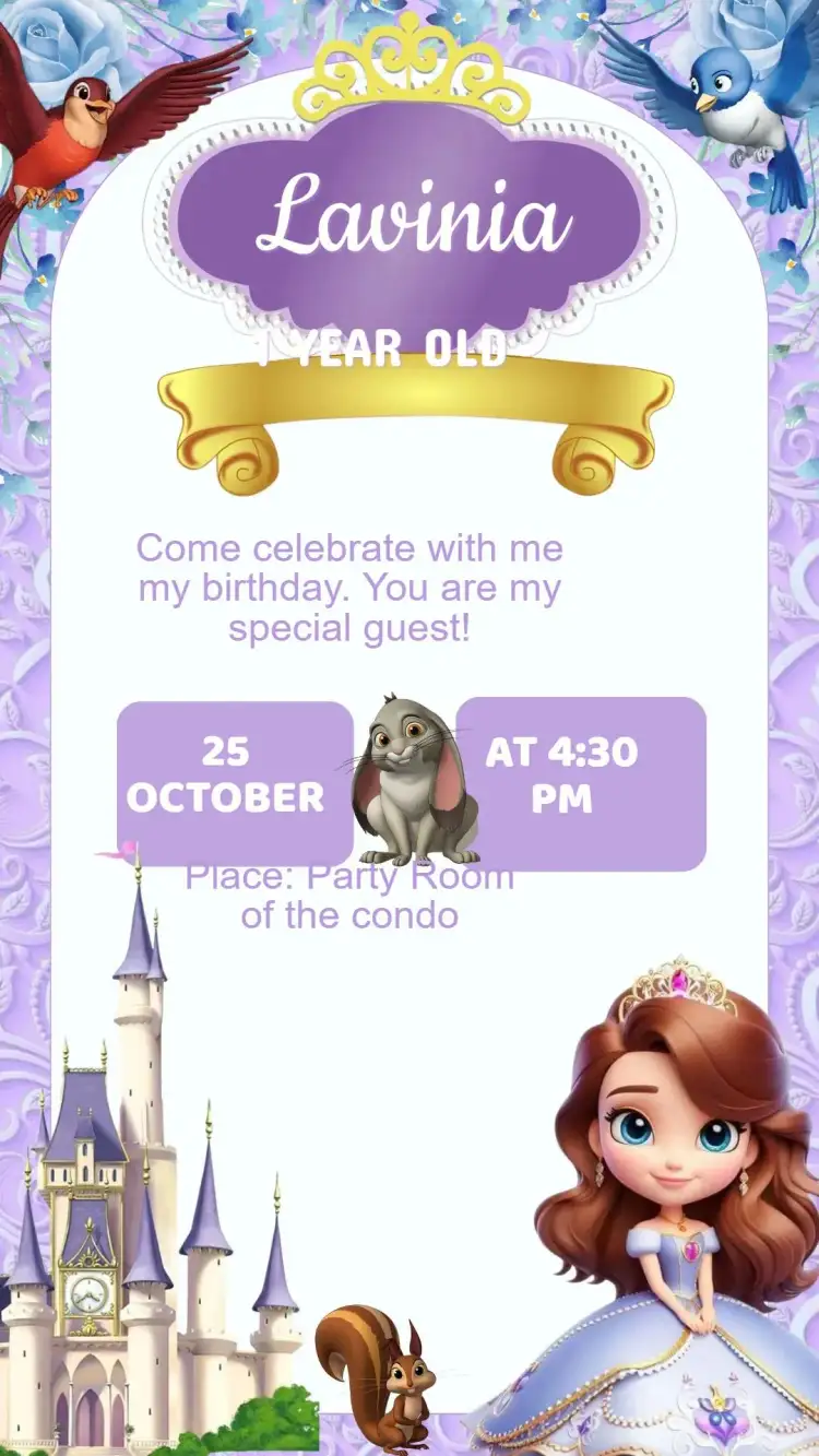 Invitation Princess Sofia Baby Birthday Invitation – Kids' Birthday Party theme pink, lilac, magic, kids, playful