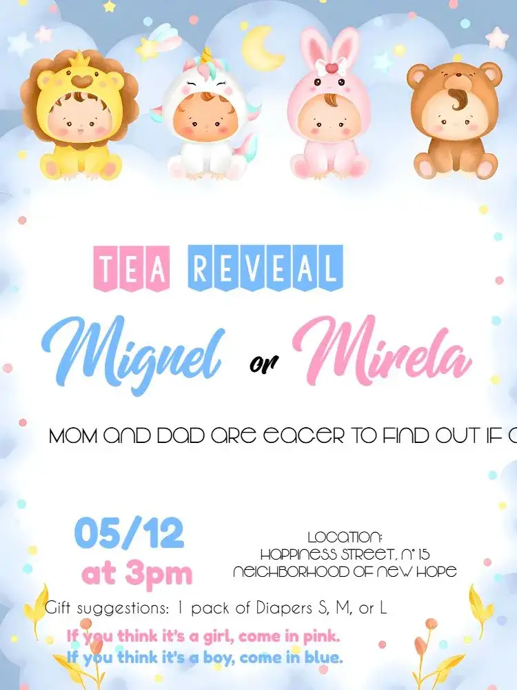 Invitation Safari Unicorn Gender Reveal Tea – Gender Reveal theme safari, unicorn, pastel colors, playful illustrations, modern style, fun graphic elements