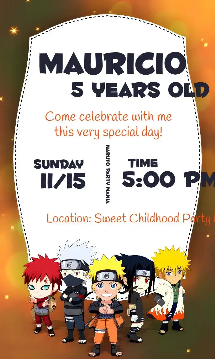 Invitation Naruto Shippuden Party – Kids' Birthday Party theme vibrant colors, anime style, ninja graphic elements, playful design, adventure theme, inspired by Naruto