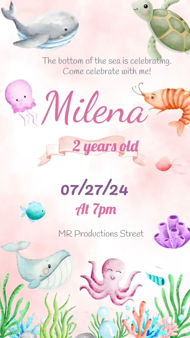 Invitation Underwater Seaweed – Kids' Birthday Party theme under the sea, watercolor, pastel colors, navy, fun, themed