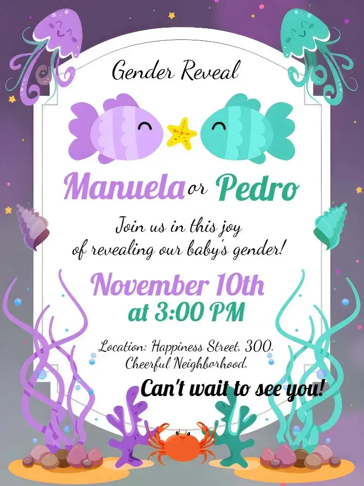 Invitation Lilac And Green Under The Sea Diaper Baby Reveal – Kids' Birthday Party theme under the sea, playful, pastel, navy blue, childlike, fun