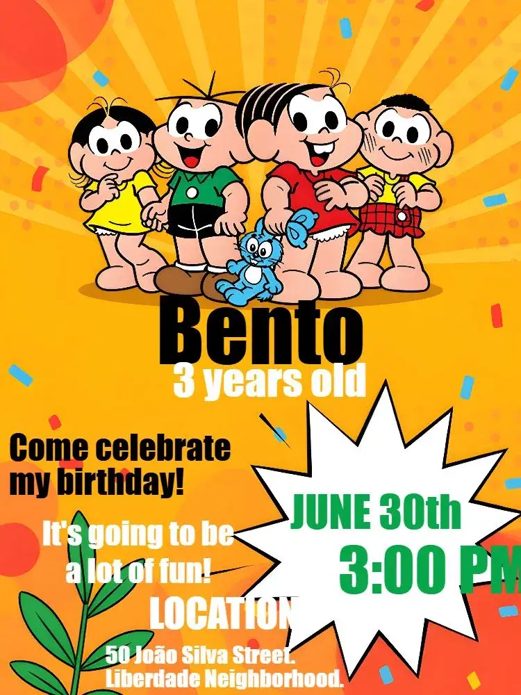 Invitation Turma Da Mônica Magali – Kids' Birthday Party theme colorful, fun, childish, themed, illustrations from Monica's Gang